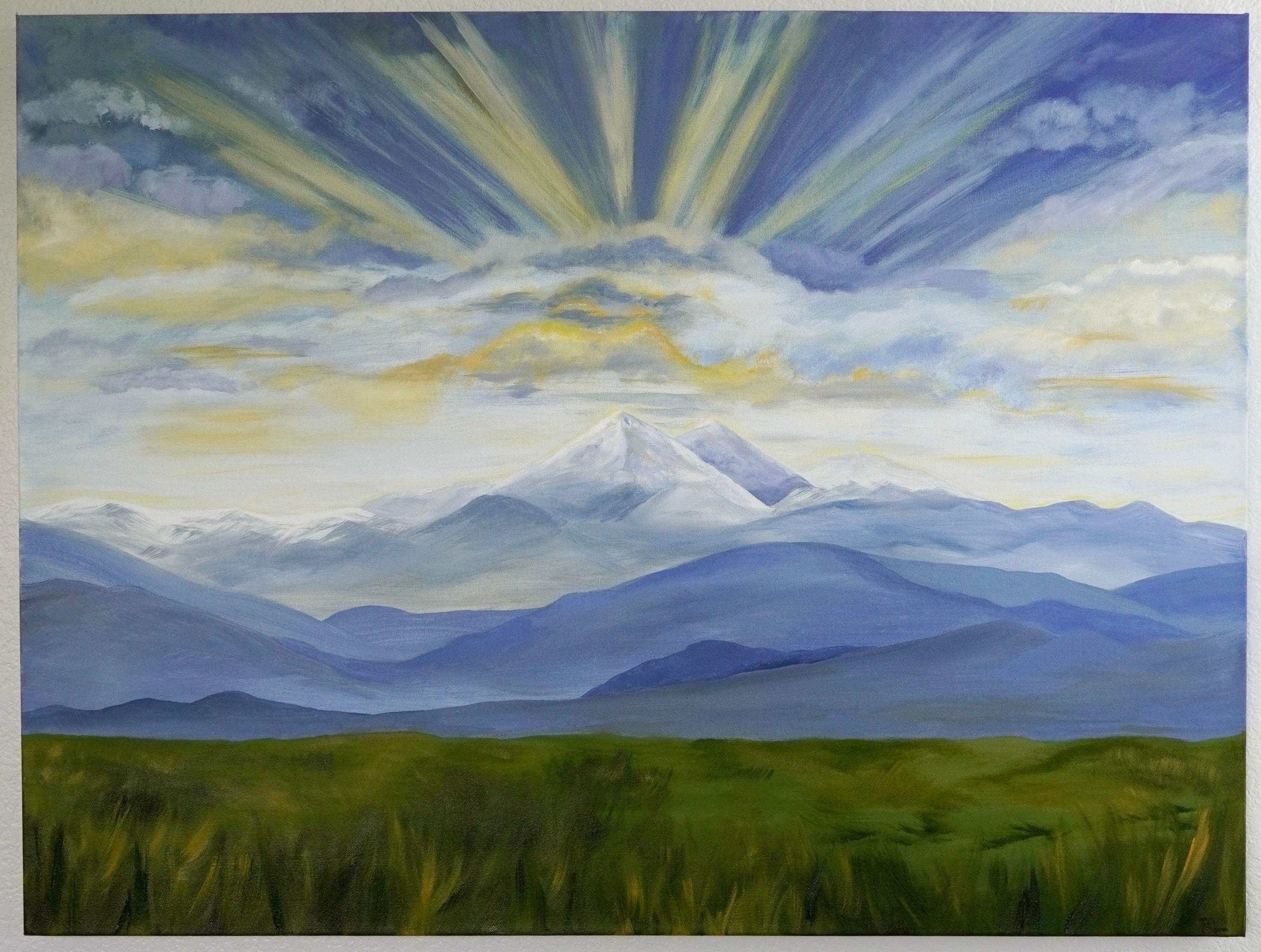 Painting of a mountain landscape with a radiant sky