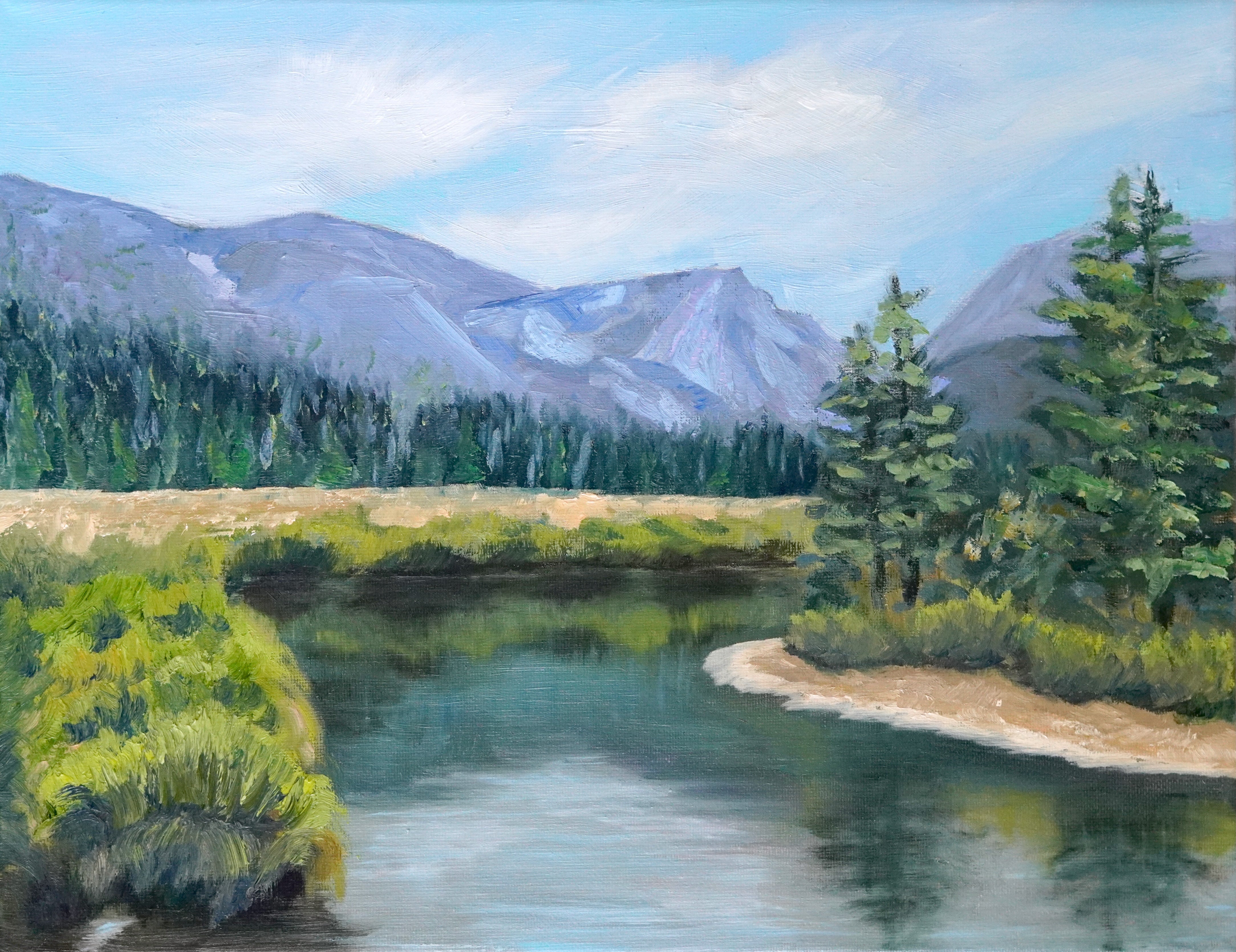 Painting of mountains and a pond with trees