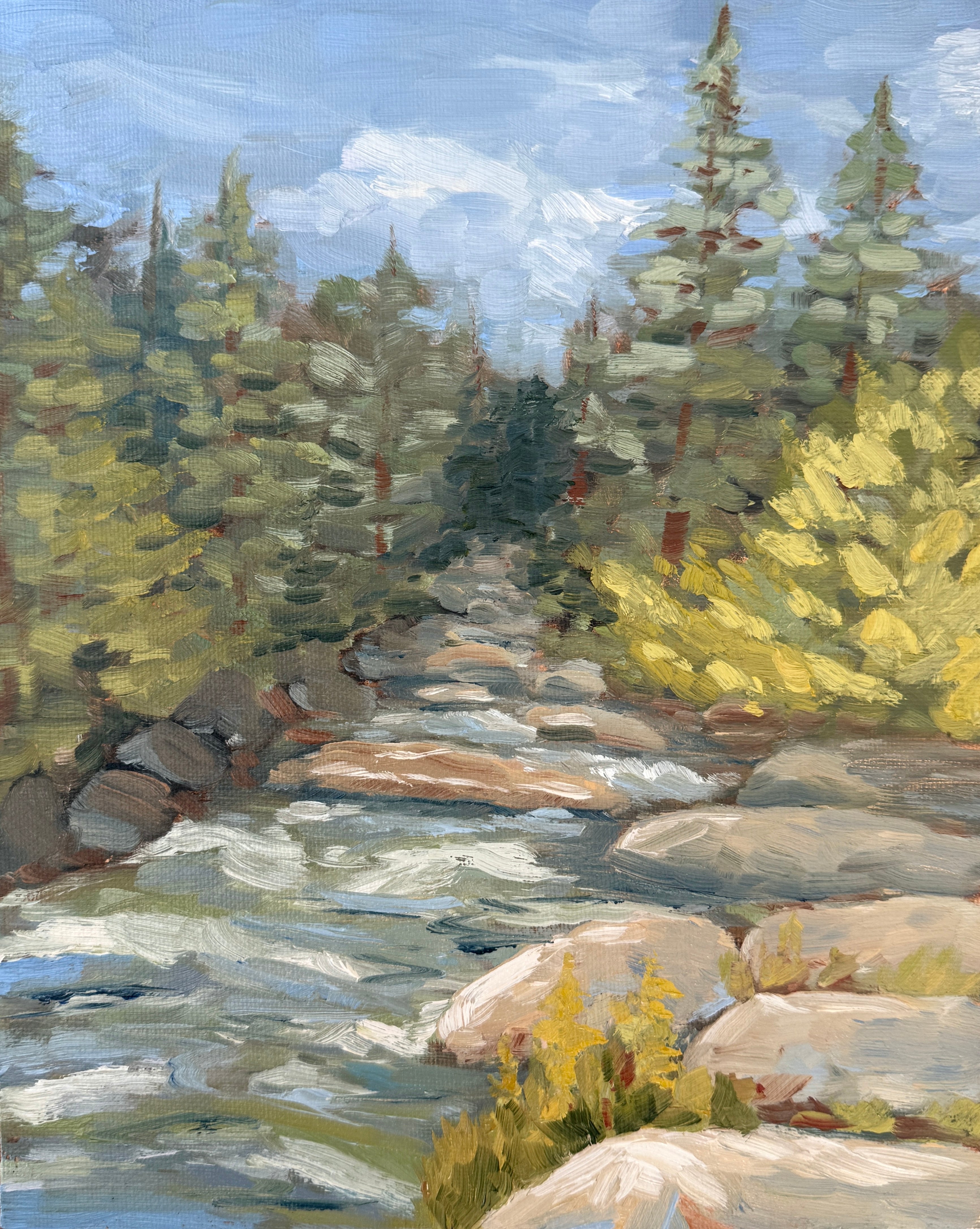 Painting of a forest stream with rocks and trees